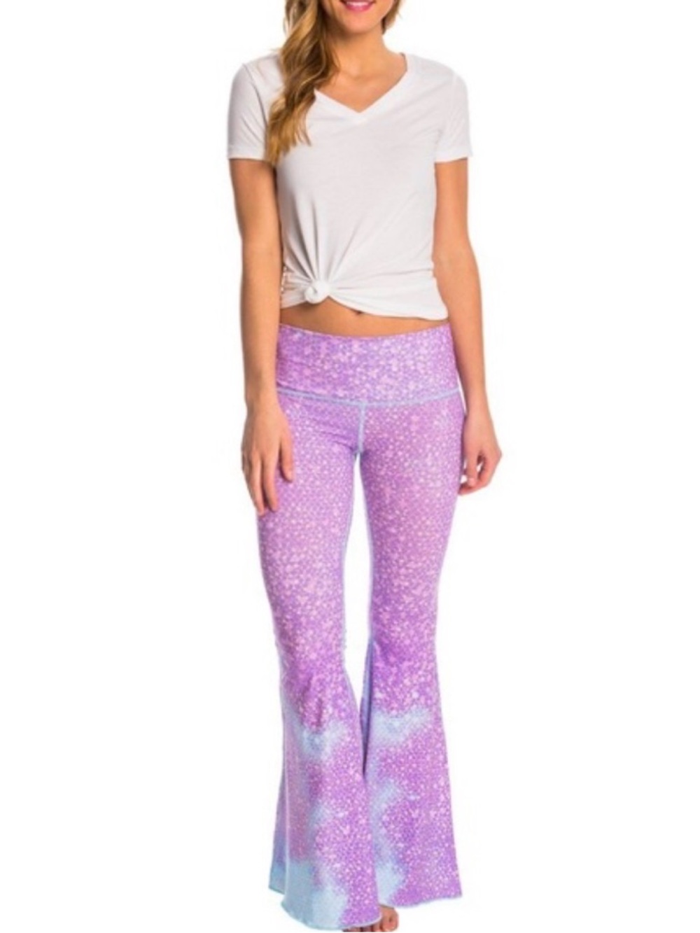 teeki Lavender & Light Blue Galaxy Print Flare Yoga Pants